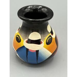 Signed Hand Painted Wooden Bud Vase Abstract Faces Folk Art 3” Decor